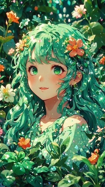 Espiritu de la naturaleza en jardin anime floreciente adornada en esmeralda y jade sonrisa gentil