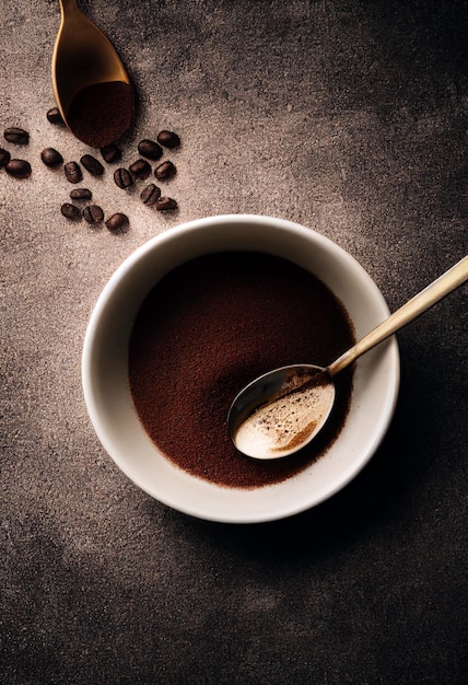 Espresso i ziarna kawy Deska do kawy z ziarnami kawy na ciemnym tle z teksturą Filiżanka kawy espresso z ziarnami na vintage stole