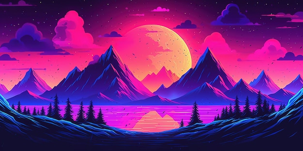 Estetyczna górska tapeta retrowave synthwave z chłodnym i żywym neonowym wzorem