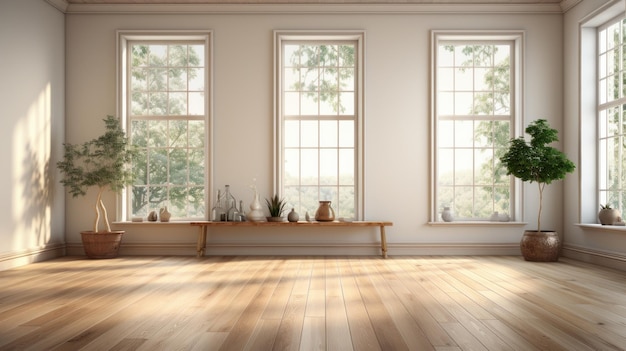 Estetyczna minimalistyczna kompozycja wnętrza salonu japandi Długa drewniana ławka wazony dekoracyjne egzotyczne rośliny w doniczkach drewniana podłoga duże okna Wystrój domu Szablon