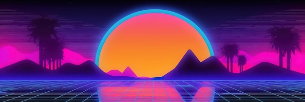 Zdjęcie estetyczna tapeta retrowave z ilustracjami w stylu vintage z lat 80. i urzekającym pomarańczowym wzorem retro