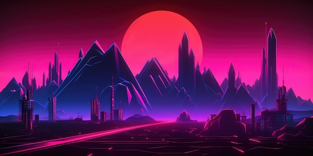 Zdjęcie estetyczna tapeta synthwave retrowave z chłodnym i żywym neonowym wzorem