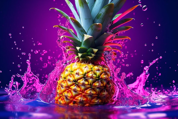Estetyczny efekt świeżych owoców ananasa rozpryskujących się w wodzie z różowym fioletowym oświetleniem neonowym