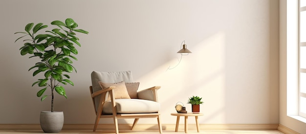 Estetyczny i minimalistyczny salon z drewnianą lampą wiszącą stolik kawowy fotel boucle