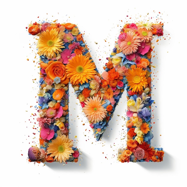Estetyczny kwiatowy wzór litera M wykonana z kwiatów na jasnym białym tle