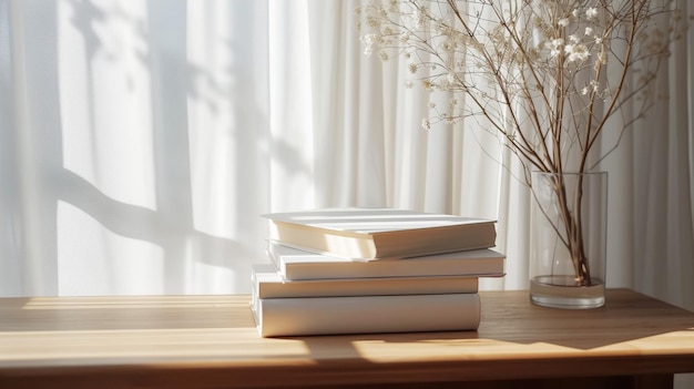 Estetyczny minimalistyczny stos książek przed oknem w bibliotece Światłe kolory Generatywna sztuczna inteligencja