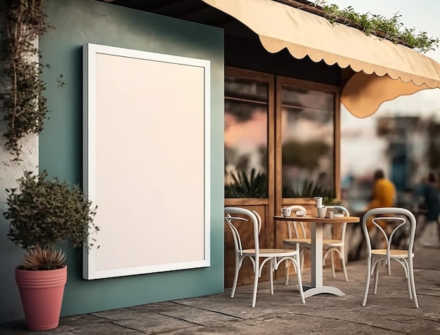 Estetyczny projekt zewnętrzny kawiarni z pustym plakatem stworzonym za pomocą generatywnej sztucznej inteligencji