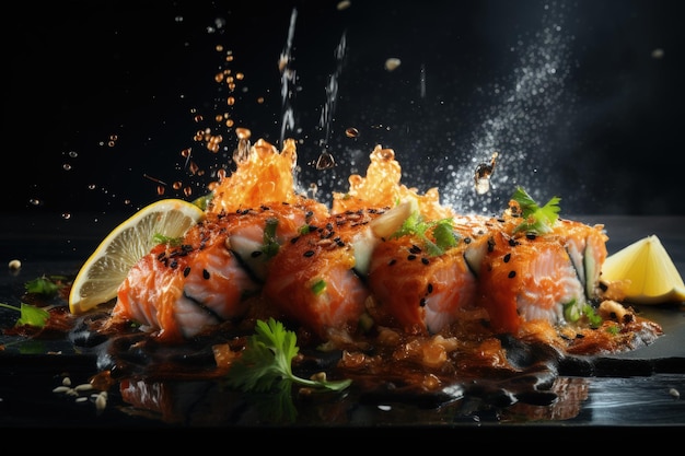 Estetyka kuchni japońskiej Sushi Ryż z przyprawą octu Różne owoce morza Delikoty Pyszne jedzenie Przyprawy i przyprawy Sashimi Rolls Ramen Poke