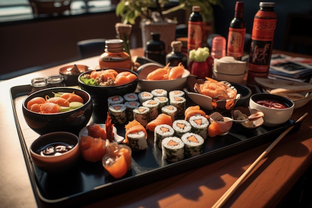 Estetyka kuchni japońskiej Sushi Ryż z przyprawą octu Różne owoce morza Delikoty Pyszne jedzenie Przyprawy i przyprawy Sashimi Rolls Ramen Poke