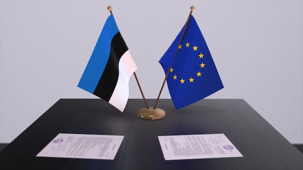 Estonia i flaga UE na stole Umowa polityczna lub umowa biznesowa z krajową ilustracją 3D