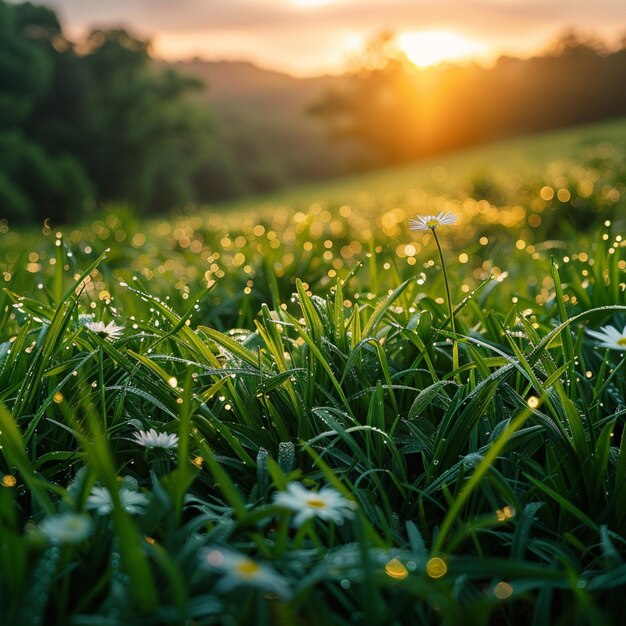 Eteryczna poranna rosy pocałowała wschód słońca oświetla żywą zieloną łąkę dla mediów społecznościowych