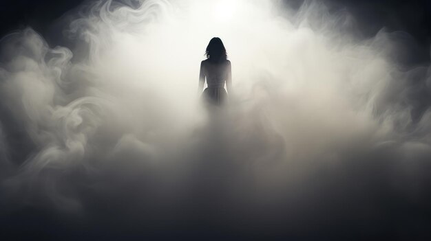 Zdjęcie eteryczna sylwetka kobiety, przerażające wizualizacje i nieziemska atmosfera.
