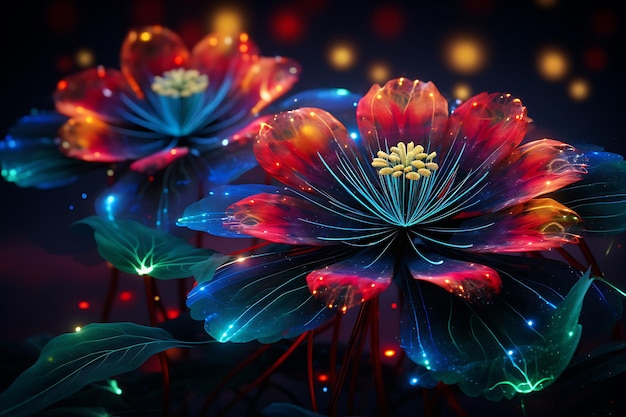 Eteryczne kwiaty promieniejące cyfrowe kwiaty oświetlone w stylu sieci nieskończoności szmaragdowe i szkarłatne