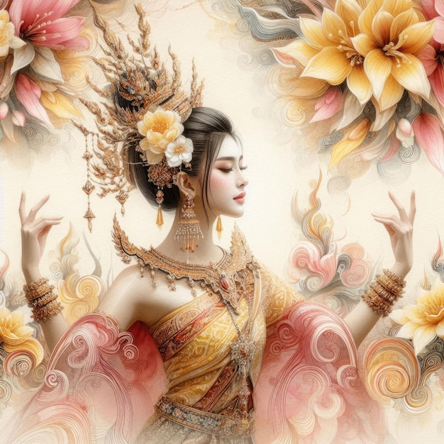 Eteryczne piękno wśród kwitnących hibiskusów z tajską dziewczyną z generatywną sztuczną inteligencją