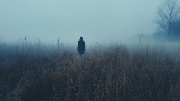 Zdjęcie eteryczny horror ciemna postać stojąca sama na polu