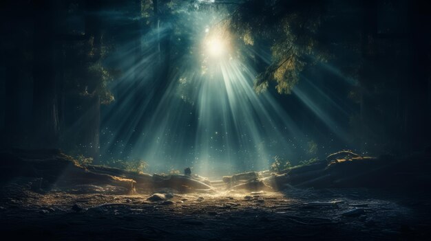 Eteryczny las z promieniami światła, zaklęta atmosfera.