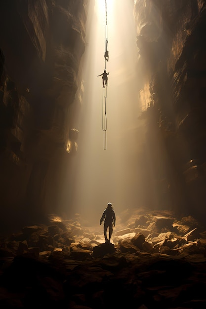 Eteryczny skok ze spadochronem w jaskiniach Son Doong Mgliste światło wolumetryczne