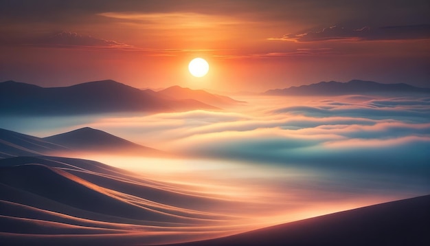 Eteryczny zachód słońca nad mglistym krajobrazem wydm