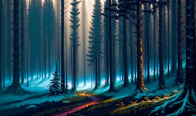 Ethereal Forest Wysokie drzewa rosnące w mglistym promieniu światła Wysokiej jakości generatywne przetwarzanie sztucznej inteligencji