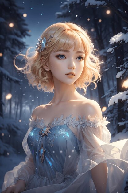 Ethereal Frost Beauty Blonde Koreańska dziewczyna Graces w Frost Off Shoulder Dress