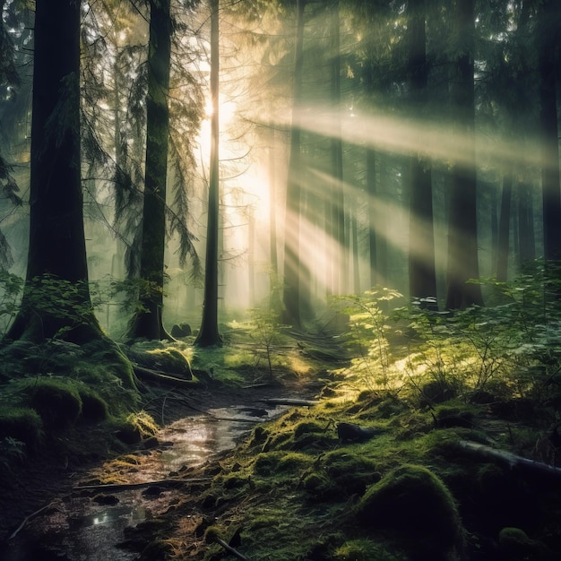 Ethereal mistyczny las we mgle Beautiful illustrationobraz Generative AI