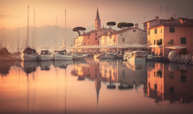 Ethereal Sunset Harbor z zacumowanymi żaglówkami w Bardolino Veneto we Włoszech