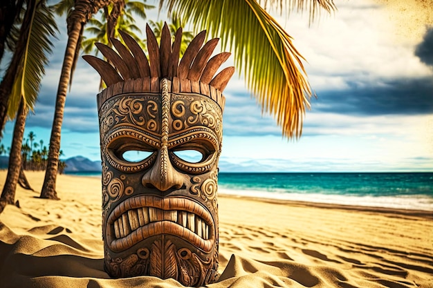 Zdjęcie etniczna tradycyjna maska tiki na brzegu morza na piasku pod palmą