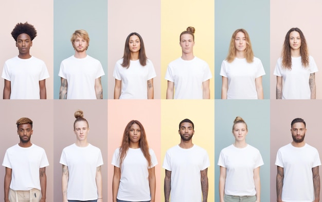 Etnicznie zróżnicowany kolaż Młodych dorosłych w białych koszulkach z zrelaksowanym wyrazem twarzy