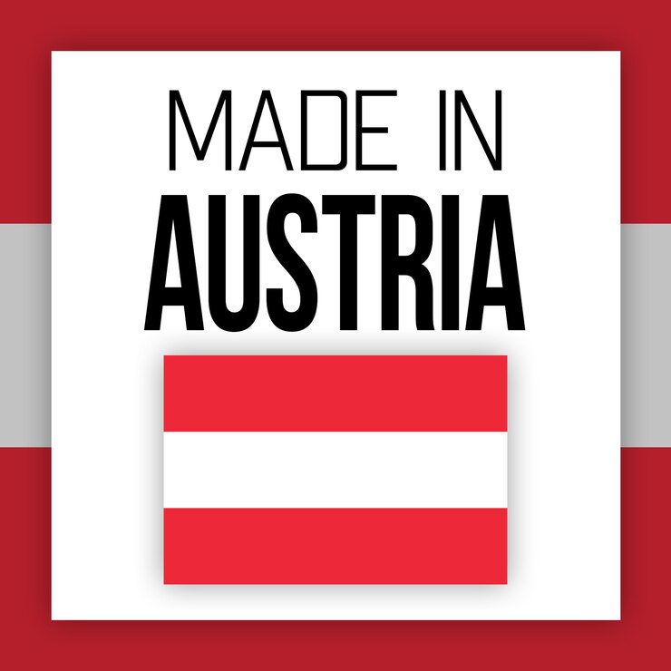Zdjęcie etykieta made in austria, ilustracja z flagą narodową