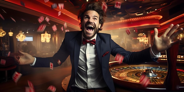 Euforyczny mężczyzna świętuje wielką wygraną w dynamicznym kasynie, w którym panuje ekscytacja i rozrywka uchwycona w chwili AI