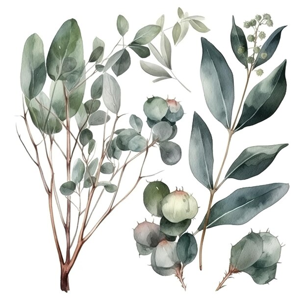 Zdjęcie eukaliptus akwarela zestaw oddzielne białe tło