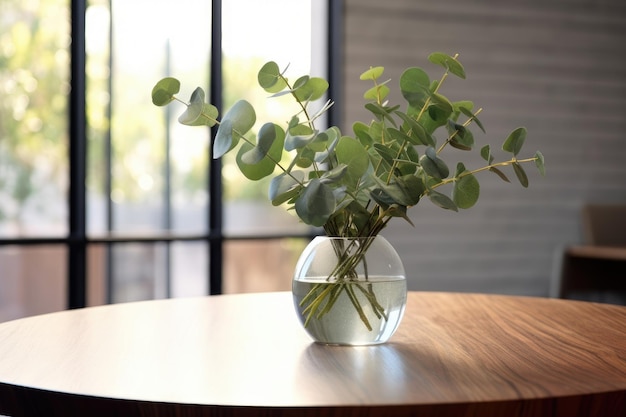 eukaliptus w wazonie z drewnianym biurkiem AI Generated