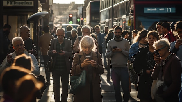 Zdjęcie europejscy zajęci uliczni ludzie z telefonami pieszy na ruchliwej ulicy skupili się na swoich telefonach z niewyraźnym życiem miejskim w tle