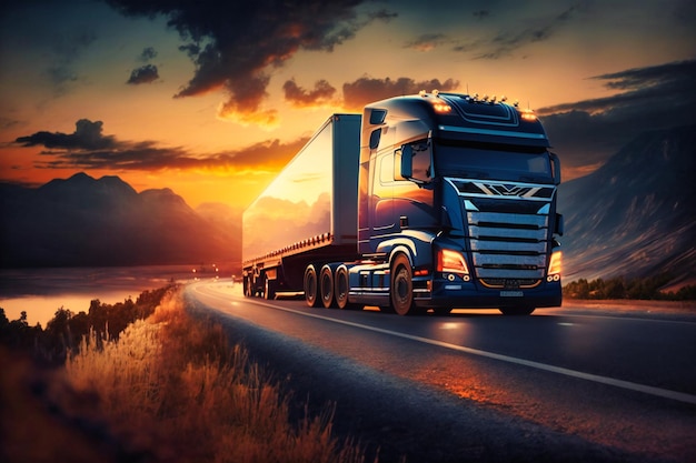 Europejska ciężarówka załadowana transportem ładunków w oszałamiającym zmierzchu