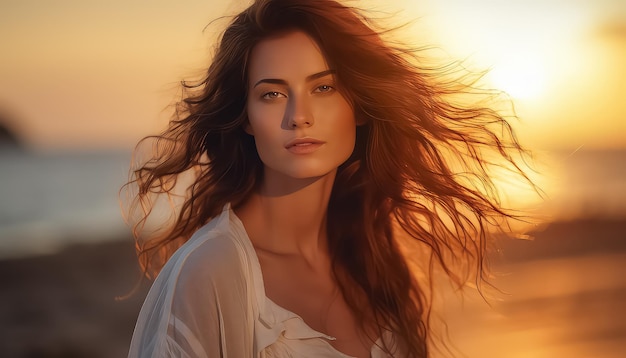 Europejska kobieta z wiatrem w włosach przy zachodzie słońca na plaży koncepcja wiosny