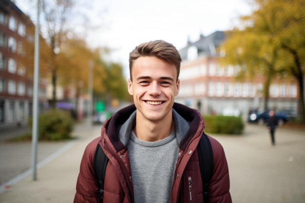 Zdjęcie europejski biały młody człowiek uśmiecha się do kamery w mieście
