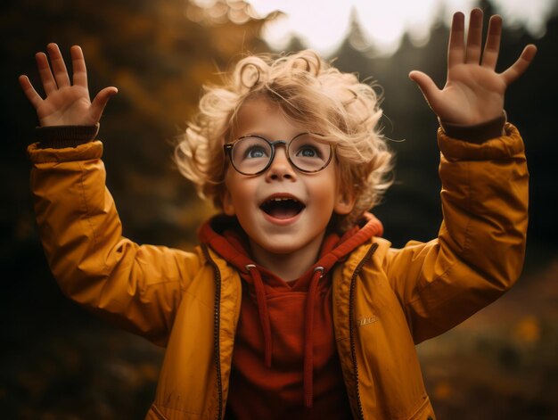 Zdjęcie europejski dzieciak w zabawnej, emocjonalnej, dynamicznej pozie na jesiennym tle