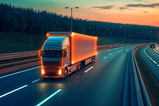 Europejski pojazd ciężarowy na autostradzie z dramatycznym światłem zachodu słońca Temat transportu ładunków i dostaw Generative AI