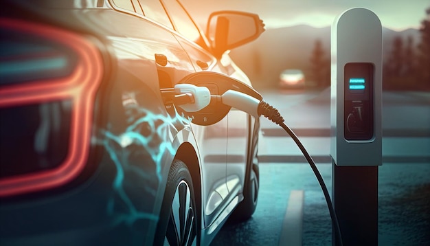 EV Samochód lub pojazd elektryczny ładuje się na stacji ładującej z zasilaniem kabla zasilającego połączonym z efektem rozmycia energii Generative AI