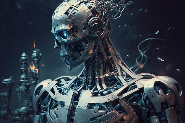 Evil AI Cyborg AI na niebieskim tle generacji ai