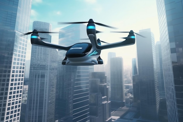 EVTOL Elektryczny samolot pionowego startu i lądowania przelatujący przez drapacze chmur