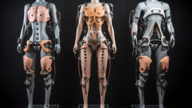 Exoskeletons zaawansowana technologia innowacyjna robotyka noszona ludzka wzmocnienie urządzenia futurystyczne stworzone z technologią generatywnej sztucznej inteligencji