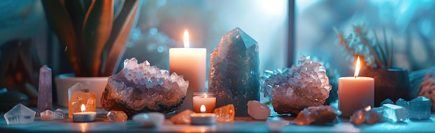 Ezoteryczne martwe życie świece kryształy magiczne duchowe uzdrawianie kompozycja zen nowoczesne czary