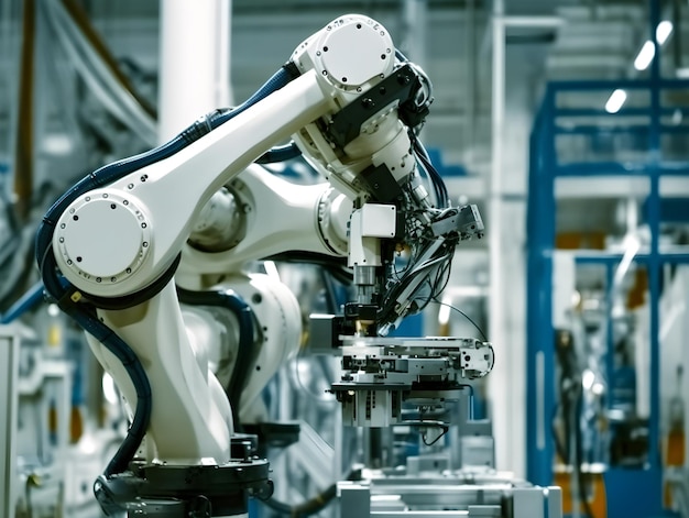 Zdjęcie fabryka automatyczna ramię robotowe z przymocowaniem do wrzeciona frezu wykonuje wycięcie końcowe precyzyjnie zaprojektowanych części transmisji aluminiowej