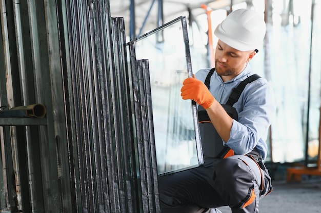 Fabryka do produkcji okien i drzwi z aluminium i PCV Pracownik fizyczny montujący okna i drzwi PCV