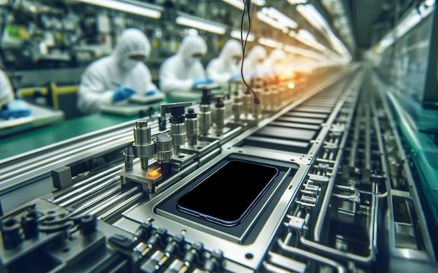Zdjęcie fabryka do produkcji smartfonów nowoczesne pasy i maszyny
