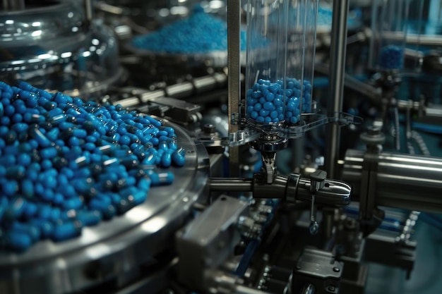 Fabryka farmaceutyczna produkująca niebieskie kapsułki na linii przenośnej