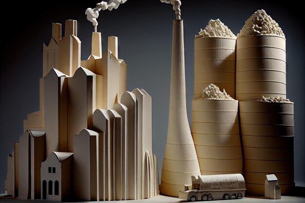 Fabryka masy celulozowo-papierniczej z wysokimi stosami świeżo wyprodukowanego papieru stworzonego za pomocą generatywnej sztucznej inteligencji
