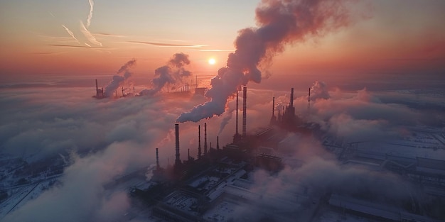 Fabryka metalurgiczna zanieczyszczająca środowisko o wschodzie słońca, uchwycona na zdjęciu lotniczym