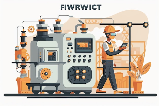 Fabryka postaci z kreskówek i osoba pracująca za pomocą technologii Wi-Fi do kontrolowania pracownika obsługi technicznej ilustracji wektorowych białe tło Wykonane przez AIArtificial Intelligence